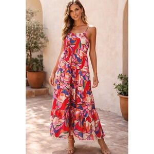 NWT Lida Kate Abstract Psychedelic Tiered Maxi Dress in Pink Multi Color Large